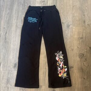 Ed Hardy Black Sweat Pants with Colorful Koi Design